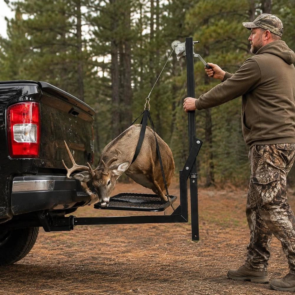 Game Hoist, Deer Hoist With Trailer Hitch & Lifting System Platform, 136 Kg Lifting Capacity, Game Hoist Winch Lift With 5.08 Cm Receiver, 360 Degree Swivel Shaft & Foldable, 1440x900x1310 Mm