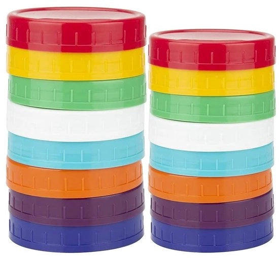 Set di coperchi per conserva 16-delig - 8 coperchi grandi (86 mm) - 8 coperchi standard (70 mm) - Plastica colorata - Resistenti alla lavastoviglie - PP food grade plastica - Coperchi per barattoli di vetro