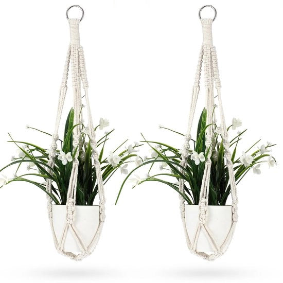 Set di 2 maniglioni per interni, maniglioni macramé di corda di cotone, 50 cm decorazioni per piante bohemian con anelli metallici e attacco per decorazione domestica - design a mano a maglia bianco