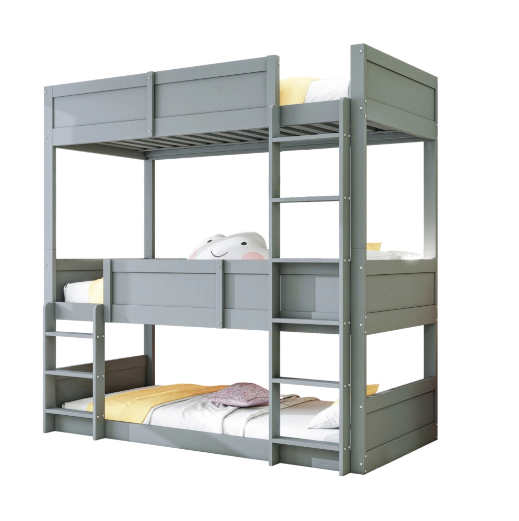 Letto a tre livelli 90x200 cm con sponde alte in legno grigio