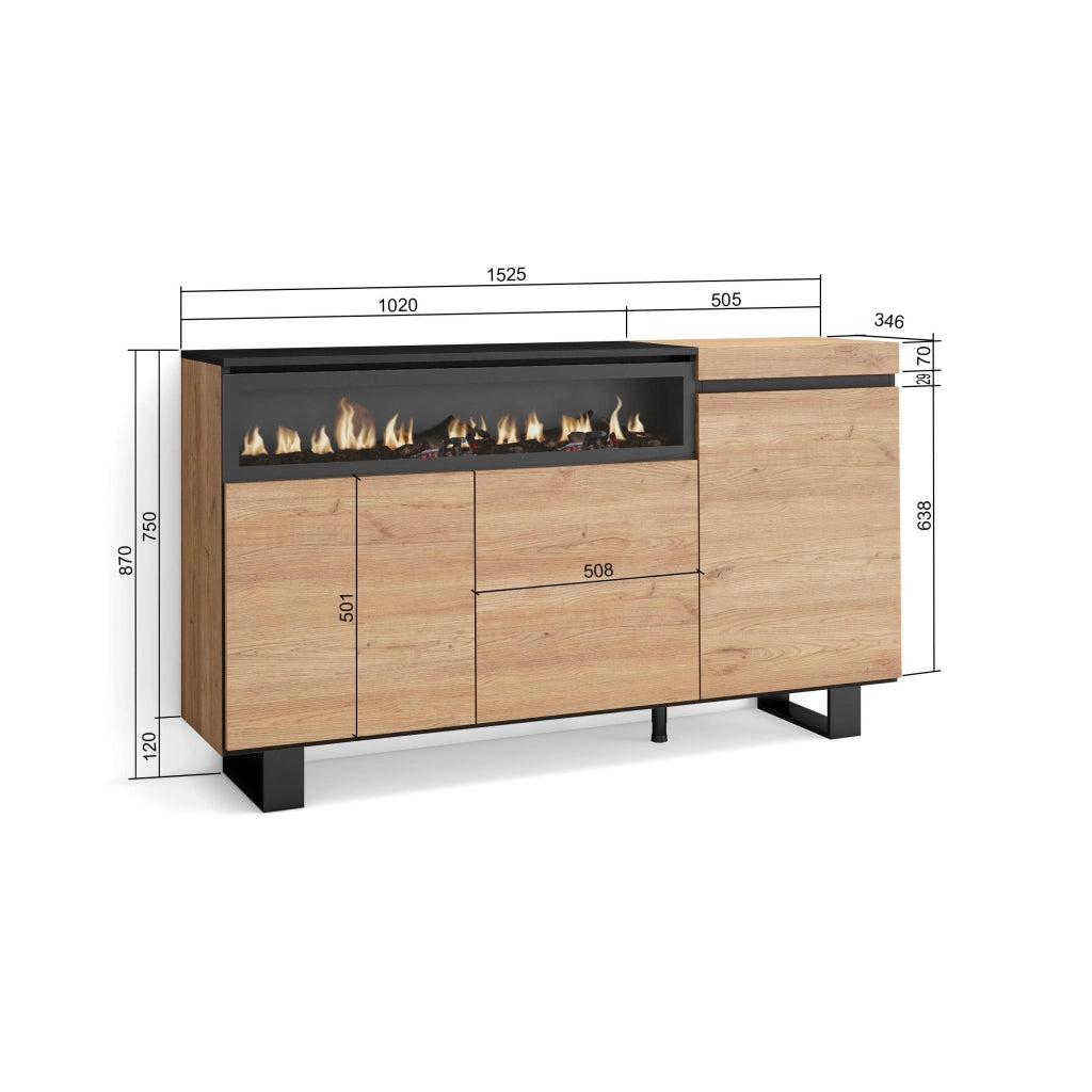 Credenza, Mobile, 150x35x87cm, 3 Porte, Camino elettrico, Design industriale, colore Rovere e nero RF2519