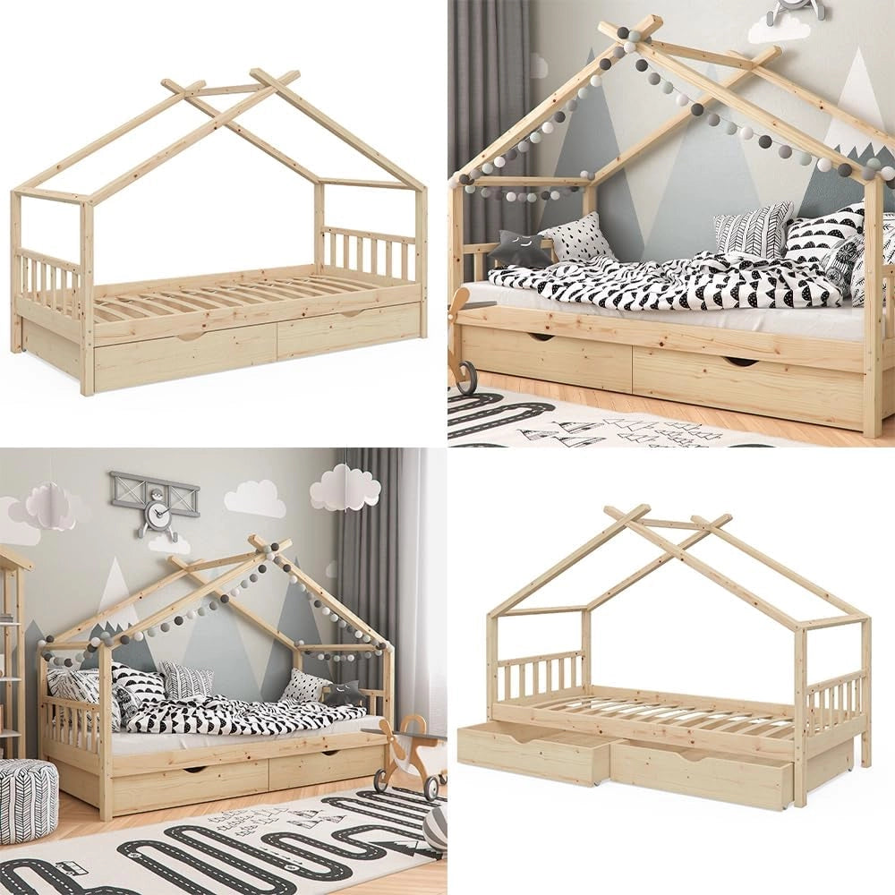 Letto montessori bambini Design, Legno naturale, 90x200 cm con 2 cassetti, con sponda anticaduta e rete a doghe per un sonno sicuro