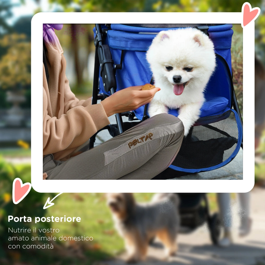 Passeggino per Cani Pieghevole con Guinzaglio di Sicurezza e Cestino Portaoggetti, Blu