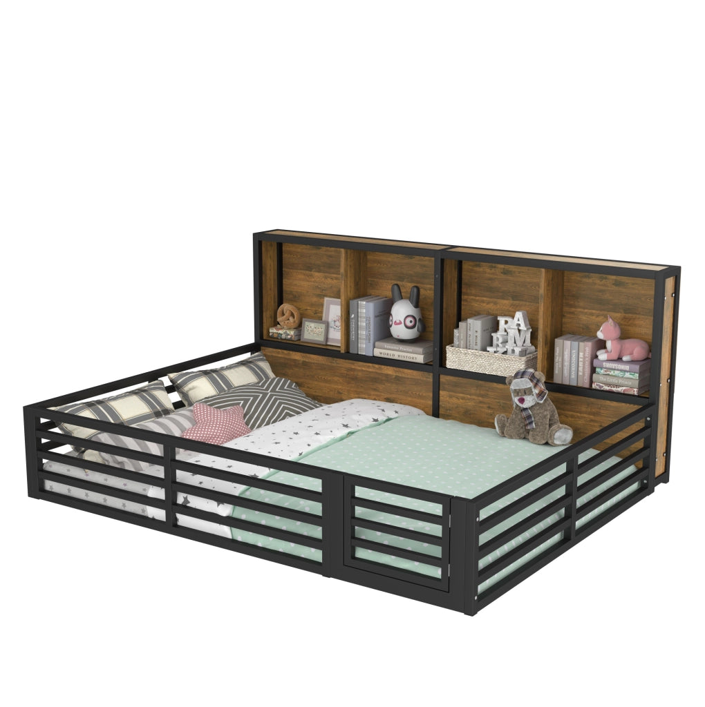 Letto 140x200 cm con LED; sponde e vani portaoggetti in MDF e metallo nero