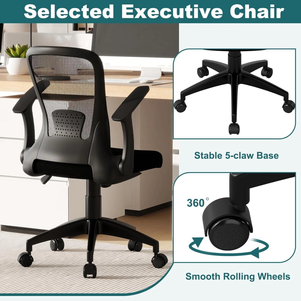 Sedia da ufficio girevole con 5 ruote, seduta regolabile in altezza 45-55 cm, sedia con braccioli pieghevoli e schienale in rete reclinabile, per studio, sala riunioni