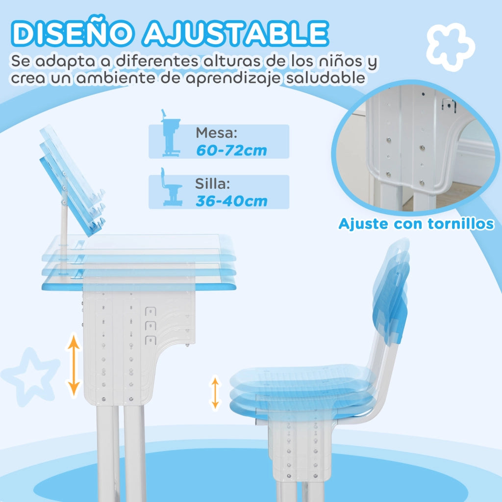 Scrivania per Bambini con Sedia Regolabile ¨C zephmum ¨C Blu 60x45x90-102 cm
