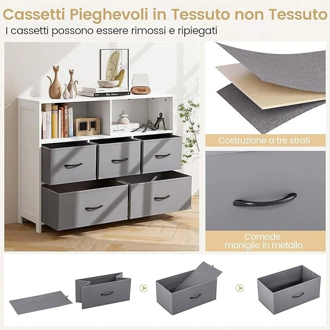 Cassettiera in Tessuto, Cassettiera con 5 Cassetti e 2 Ripiani Aperti, con Contenitori in Tessuto e Ampio Piano, per Camere da letto, Soggiorno e Ingresso, 100 x 30 x 78 cm