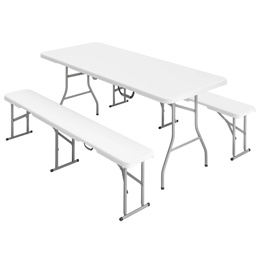 Set da picnic in 3 pezzi: tavolo pieghevole + 2 panche; manici per il trasporto; plastica/metallo; bianco