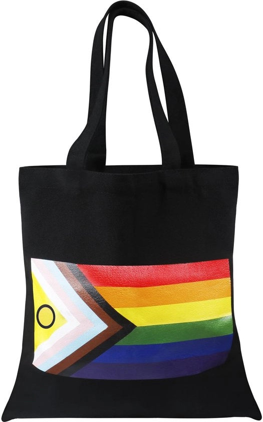 Borsa a Mano con Maniglia Lunga - Borsa della Spesa - Borsa a Tote in Cotone - Bandiera Progress Pride - Borsa da Viaggio - Materiale Sostenibile
