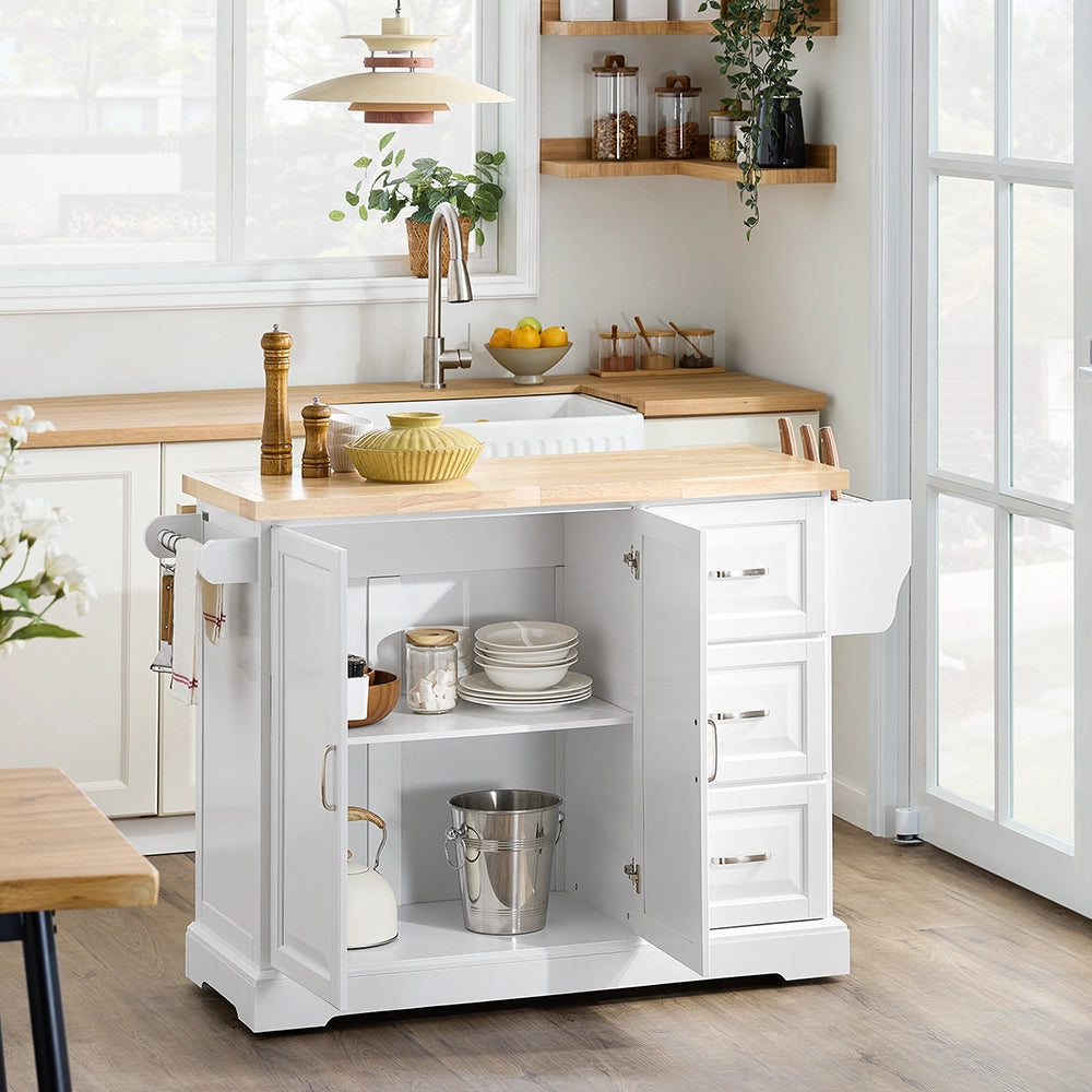 SoBuy | Isola cucina bianca con 4 ruote | Carrello cucina con 2 porte | Cucina a penisola con 3 cassetti | 128.0x71.0x90.5 cm | Capacità di carico 94 kg | FKW41-II-WN