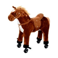 Cavallo a Dondolo per Bambini 2+ Anni con 4 Rotelle e Suoni Realistici, Dondolo per Bambini Imbottito con Poggiapiedi, 65x28x75 cm, Marrone