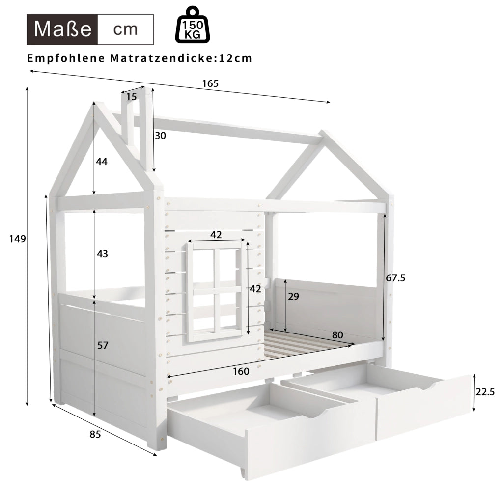 Letto per bambini a casetta 80x160 cm in legno massello di pino; bianco; con finestre e cassetti
