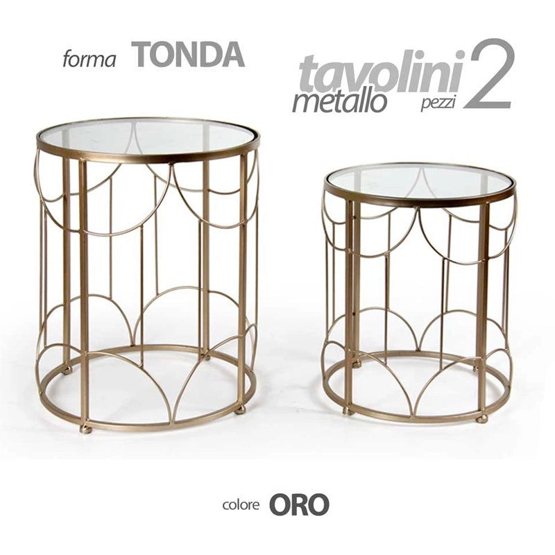 Set due tavolini salotto tondi oro piano vetro