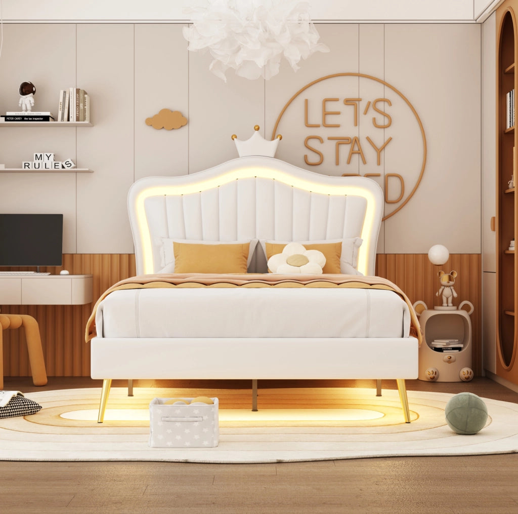 Letto imbottito per bambini 90x200 cm con corona, LED e similpelle bianca