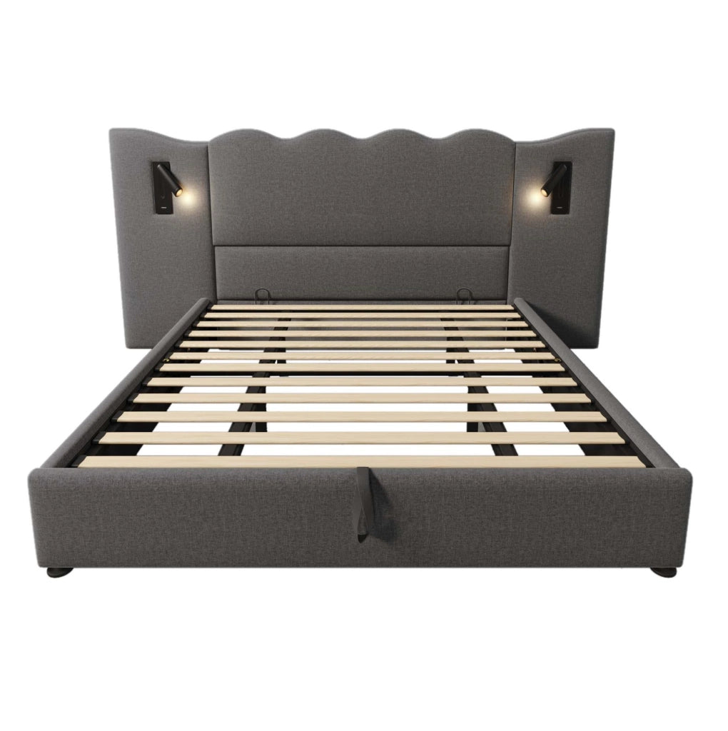 Letto matrimoniale contenitore 180x200 cm con lampada da lettura e porte USB-C; in lino grigio