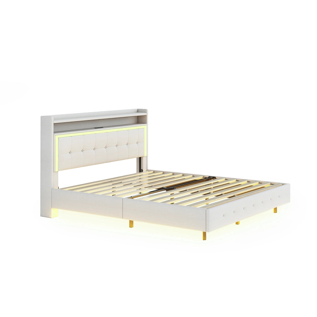 LETTO imbottito 140x200 cm beige in lino con USB e luci LED