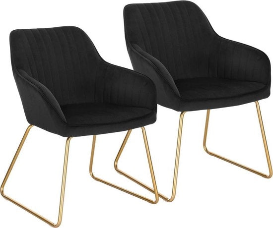 Set di 2 sedie | Nero | Oro | Braccia dorate | Sedie da pranzo | Velluto | Tessuto di velluto