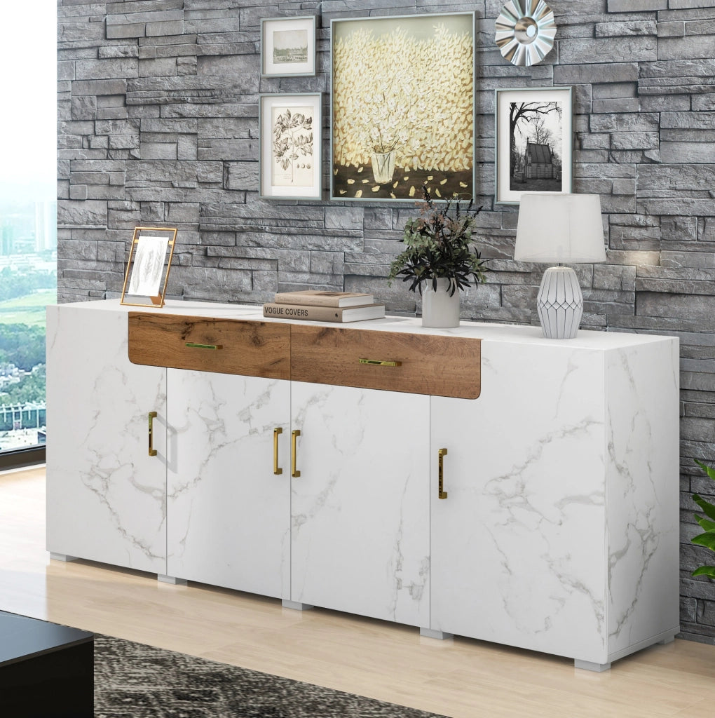 Madia ULEVR 208x39,5x80 cm con 4 ante e 2 cassetti, mobile TV e contenitore bianco e marrone