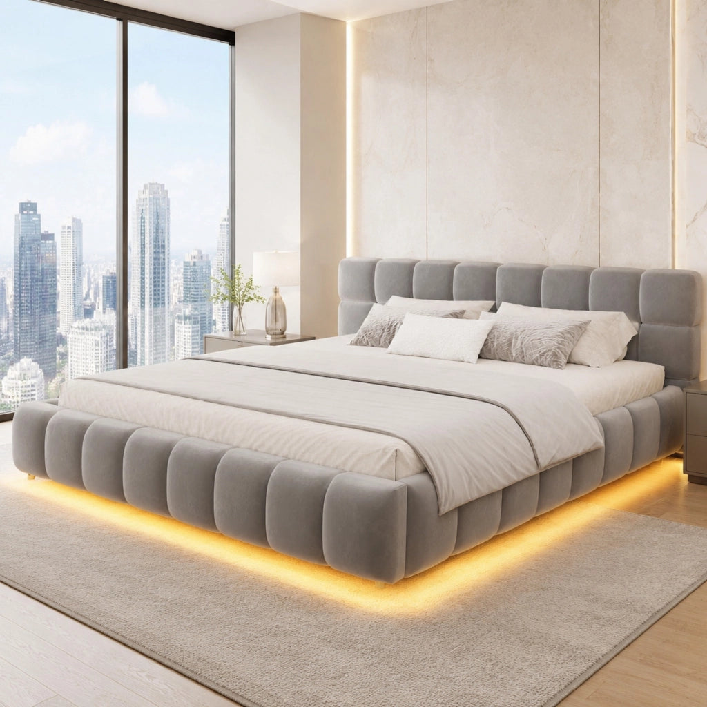 Letto imbottito 160x200 cm con contenitore idraulico e LED in velluto