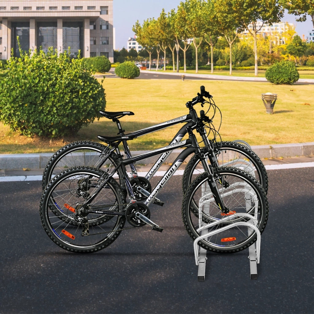 Rastrelliera per biciclette in telaio d'acciaio, Portabiciclette Parcheggio per 4 bici, Argento-Ciclismo