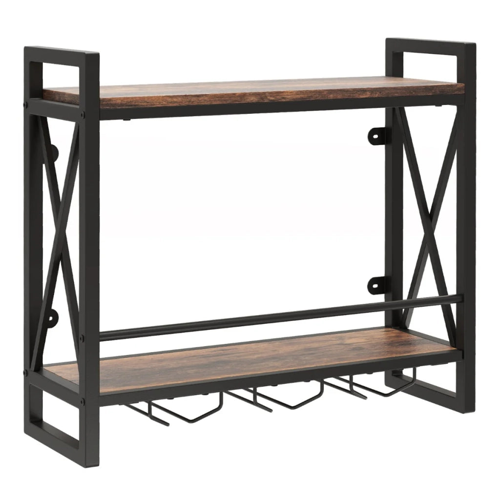 Portabottiglie da parete in legno ingegnerizzato 60 x 20 x 55 cm spazio sicuro per 12 bicchieri stile industriale marrone rustico 20_0017661