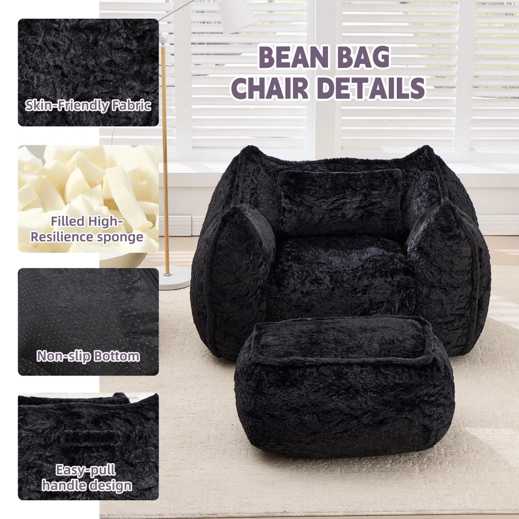 Pouf poltrona in pelliccia sintetica con poggiapiedi, schienale ergonomico e imbottitura in schiuma, nero