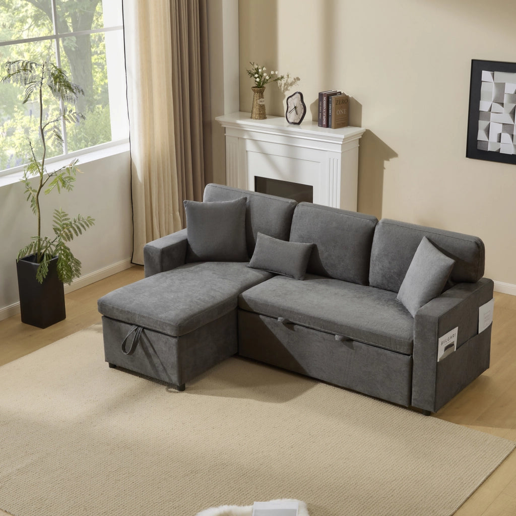 Divano letto angolare 3 posti con contenitore; USB e 3 cuscini; 214 x 131 x 87 cm; grigio scuro