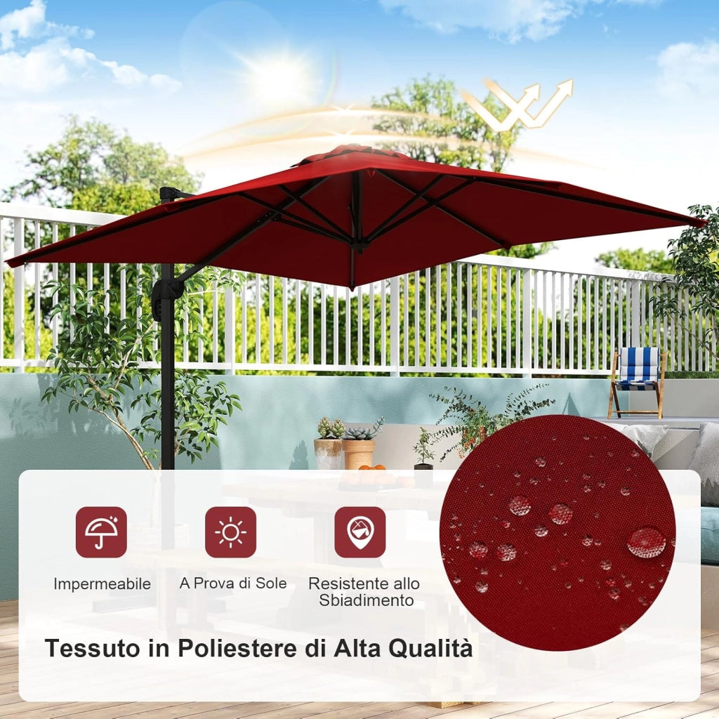 Ombrellone da Giardino 245 cm con Base, Ombrellone da Esterno Rotante a 360°, 5 Posizioni di Inclinazione Regolabili, 8 Stecche, Manovella, Palo in Alluminio, per Giardino Patio (Rosso)