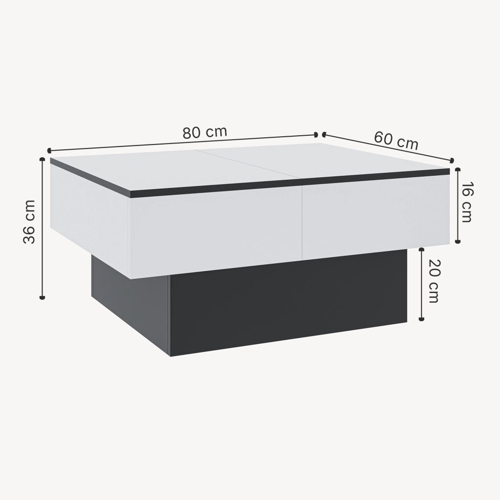 Tavolino Centrale Lens da Salotto con Piano Scorrevole 80 x 60 x 36 cm - Bianco / Nero [en.casa]