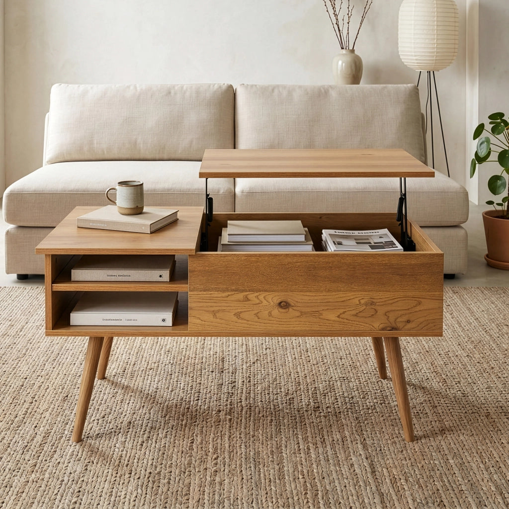 Tavolino da Salotto Vasdabod con Piano Sollevabile e 2 Vani Aperti 96 x 59 x 50 cm - Effetto Rovere [en.casa]