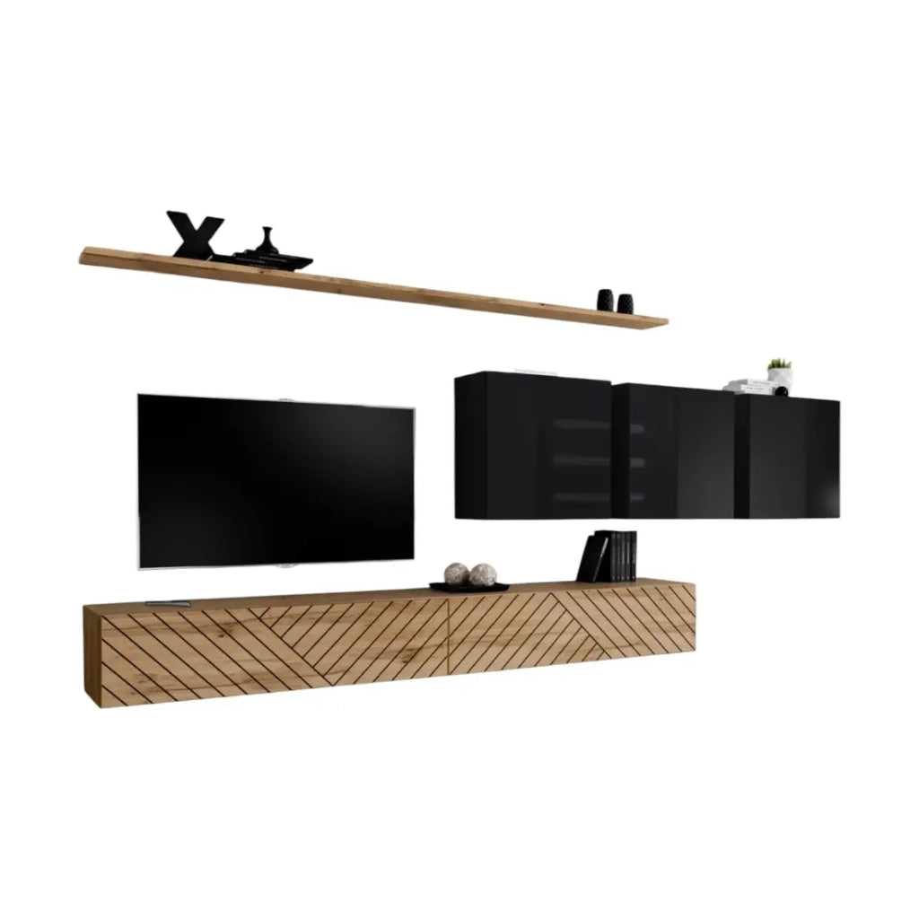 Set di mobili da soggiorno SWITCH VII – Rovere Wotan & Nero lucido – Design moderno – 340 cm