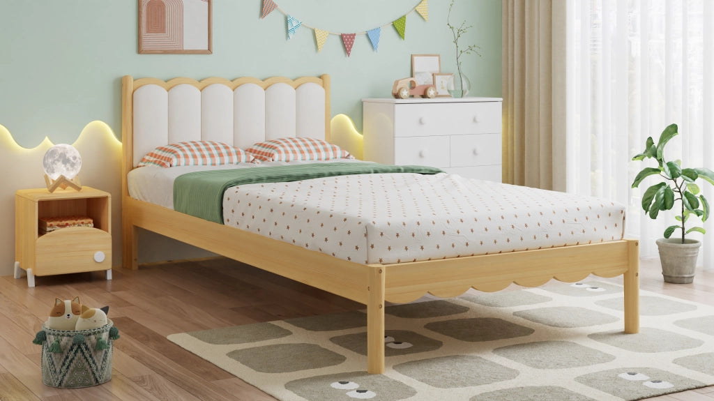 Letto per bambini 90 × 200 cm con testiera in PU, struttura in legno massiccio, senza materasso, beige naturale