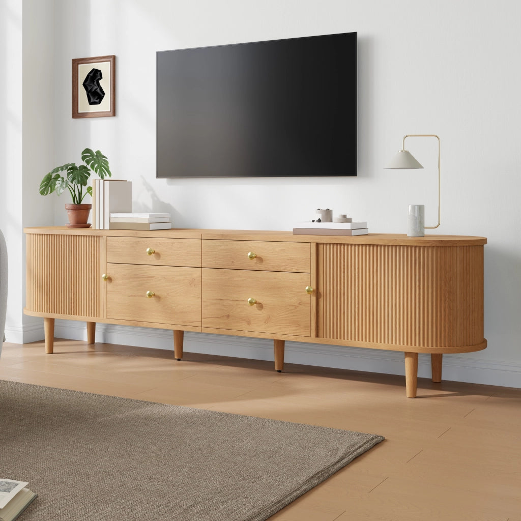 Mobile TV con 2 ante scorrevoli; 4 cassetti; 5 piedini in legno; per soggiorno; 180 × 35 × 50 cm; naturale