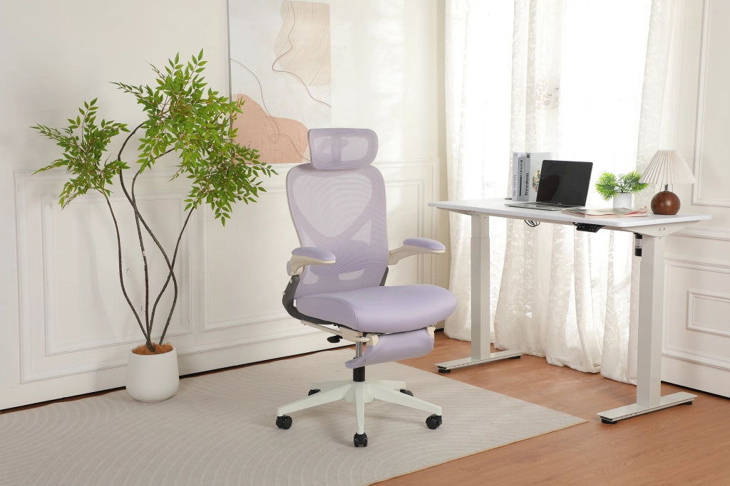 Sedia da ufficio ergonomica pieghevole con supporto lombare e poggiatesta regolabile in schiuma viola per lavoro