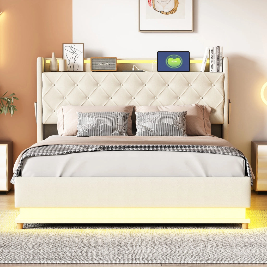 OKWISH Letto Contenitore 140×200 cm, Letto Matrimoniale con LED Multicolore, USB e Vano con Apertura Idraulica, senza Materasso, Beige