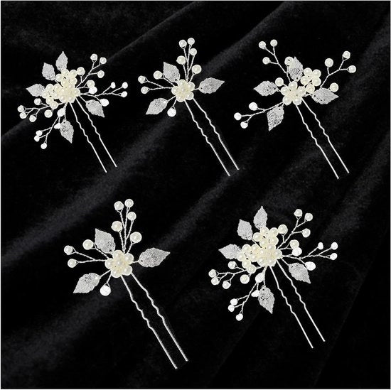 Set di Spilloni per Capelli di Lusso per Matrimonio - Set di 5 Spilloni di Accessori per Capelli per Sposa e Sposo con Perle in Argento - Decorazione per Capelli con Perle