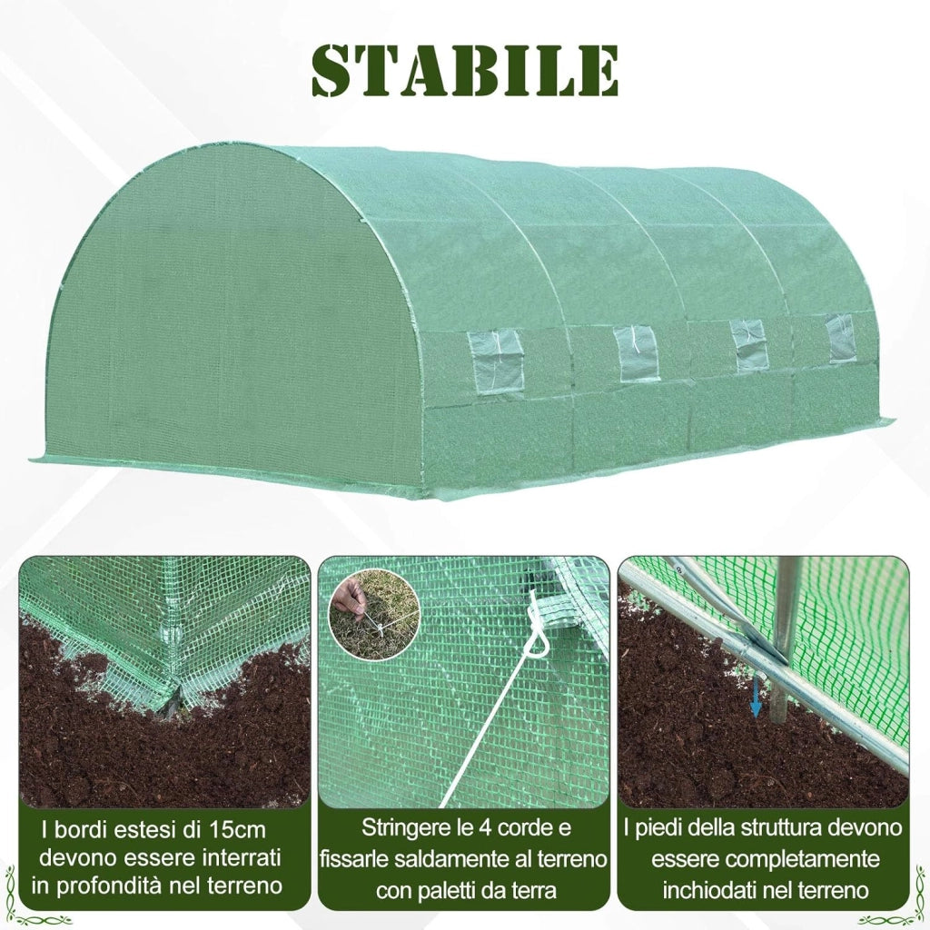 Serra per Piante a Tunnel, Serra per Orto da Esterno con Porta Avvolgibile e 8 Finestre, 6x3x2 m, in Acciaio e PE, Verde