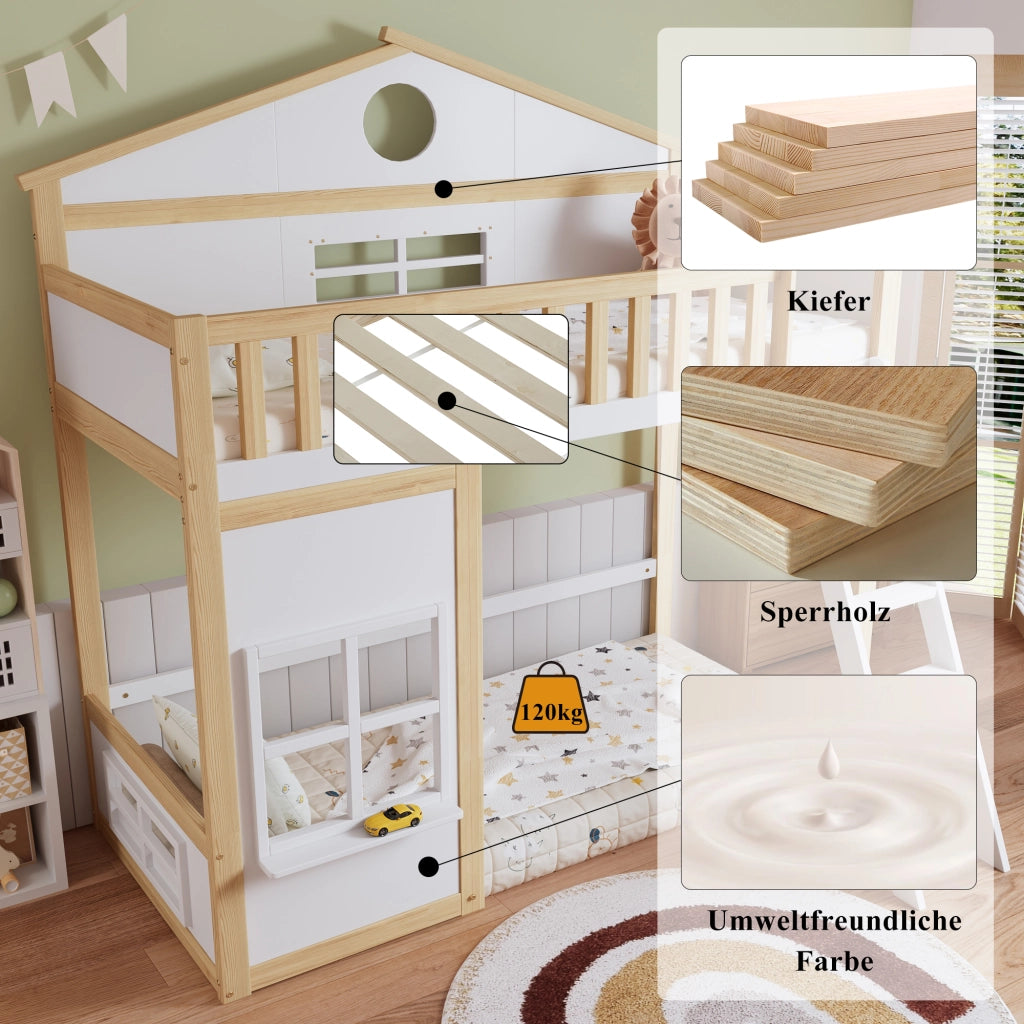 Letto a Castello 90x200 cm - con Scala; Tetto; Finestre e Sponde - Bianco e Naturale