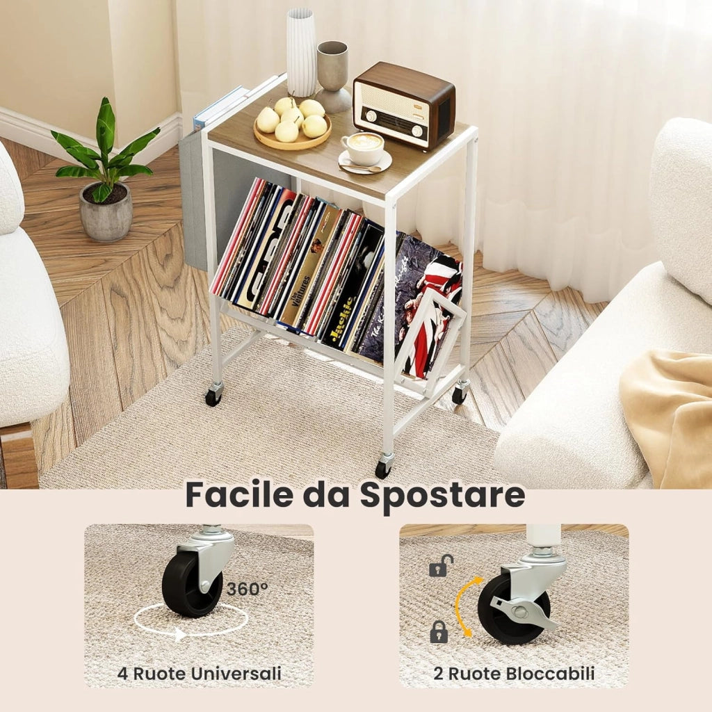 Supporto per Giradischi, Porta Dischi Vinili in Legno e Metallo, Mobile con Tasca Organizer e Ruote, Fino a 200 Album, per Soggiorno, Studio e Camera da Letto (Naturale + Bianco)