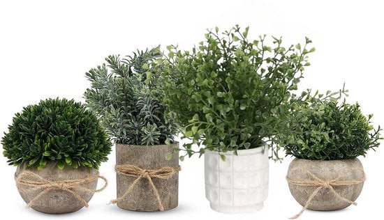 Mini Topiari Artificiali Piantine - 4 Pezzi Finto Erba Verde Piantine in Set di Vasi Artificiali - Faux Topiario in Plastica per Decorazione di Casa - Ufficio, Bagno, Cucina
