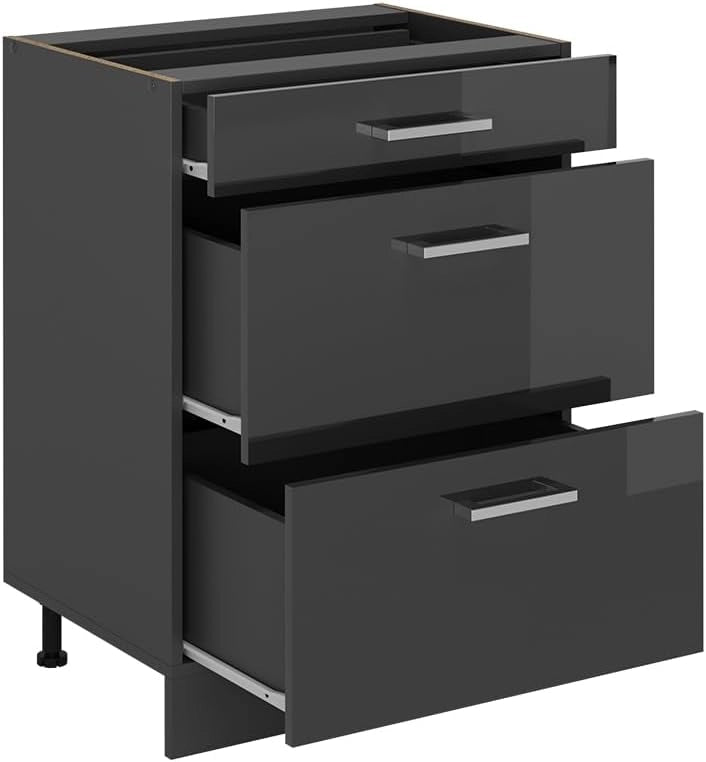 Mobiletto base per cucina R-Line, Antracite lucido, 60 cm con cassetti, senza piano di lavoro, per la libera combinazione all'interno di sistemi cucina modulari