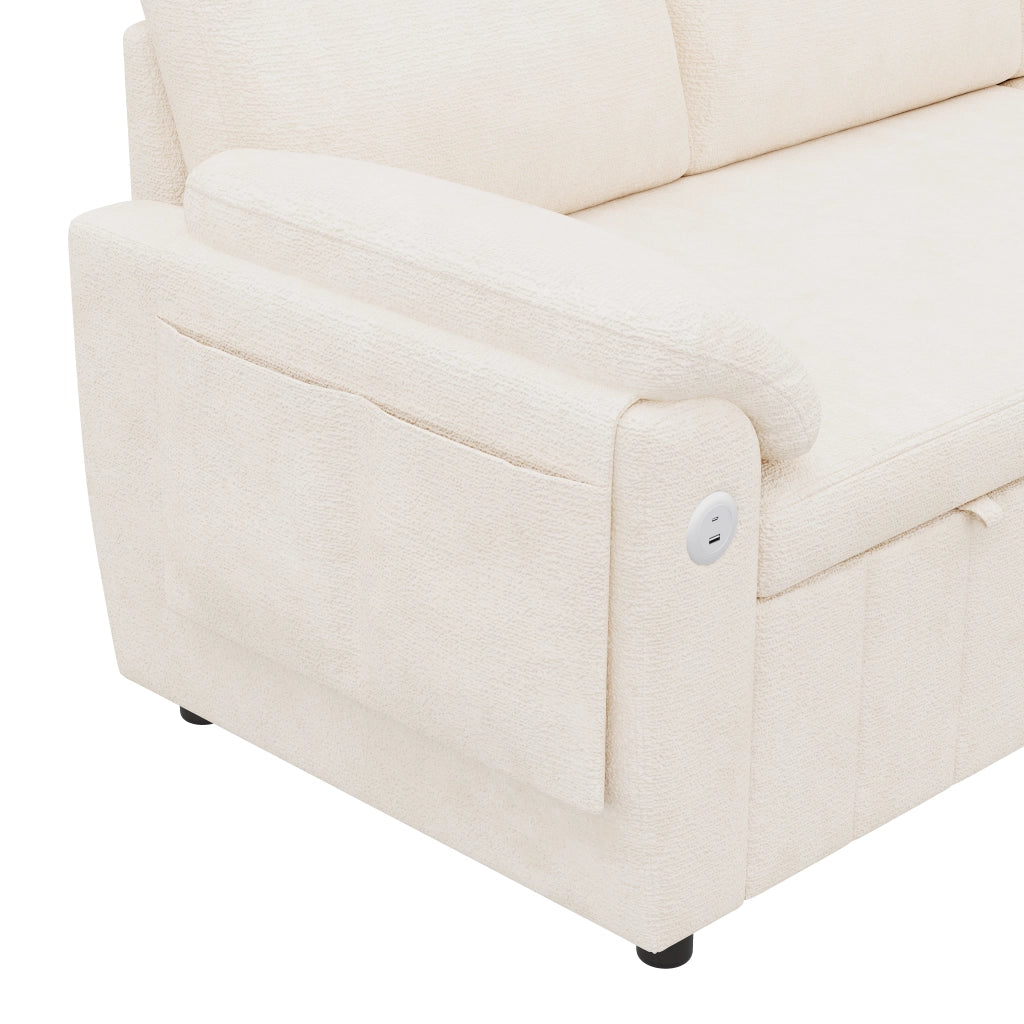 Divano angolare convertibile 3 posti - con funzione letto e chaise longue - in chenille beige