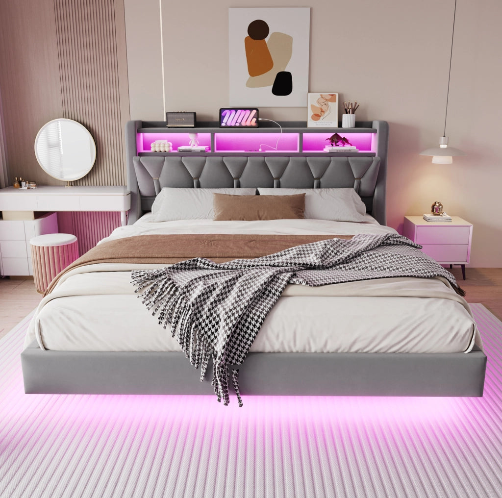 Letto matrimoniale imbottito 180x200 cm in velluto grigio con testiera pieghevole; LED e prese