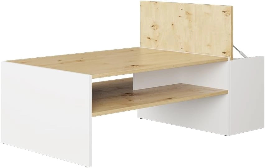 Tavolino da salotto Rubby, Rovere artigianale/bianco, 110 x 60 cm, con ripiano per la conservazione di riviste e accessori