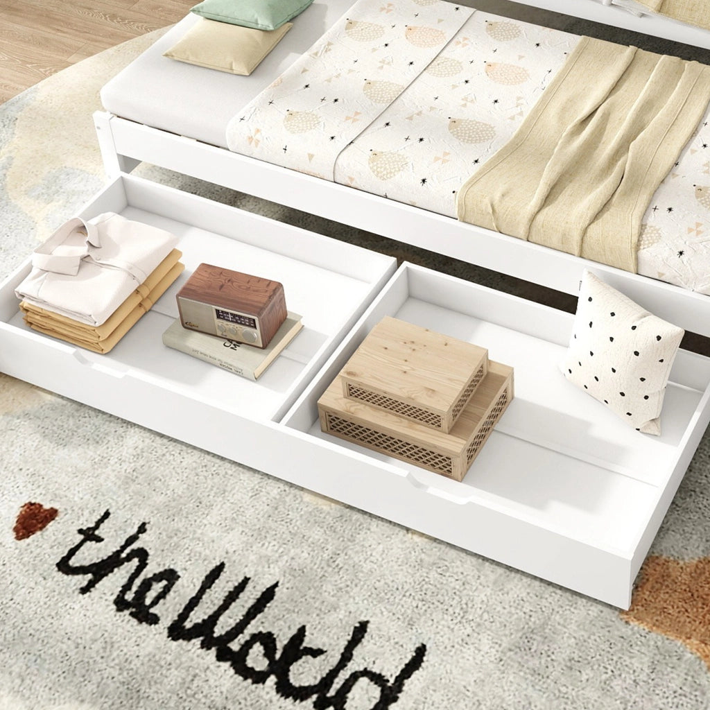 Letto Estraibile 200x90 cm e 190x90 cm; con 2 Cassetti e Sponda - in Legno - Bianco