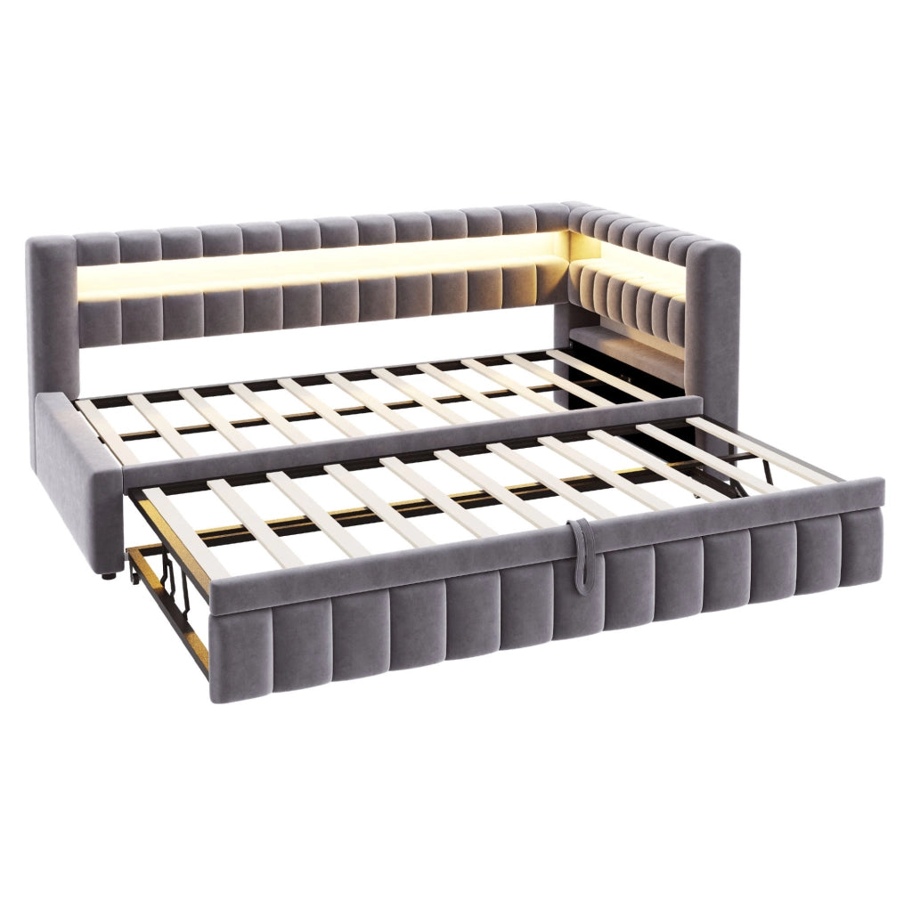 Divano letto 90x200 cm estraibile; con LED e porte USB; in velluto grigio