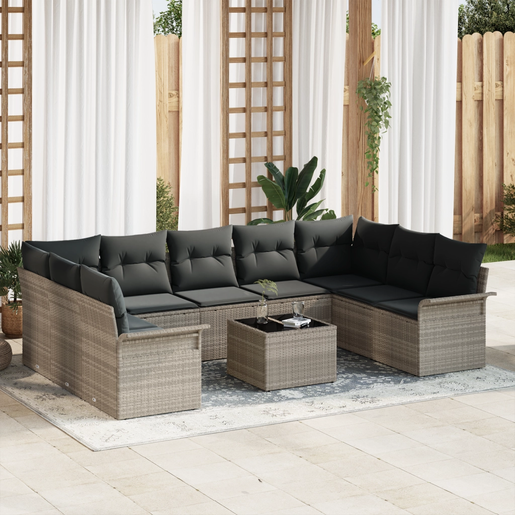 Set Divano da Giardino da 10 Pezzi con Cuscini Grigio Polyrattan
