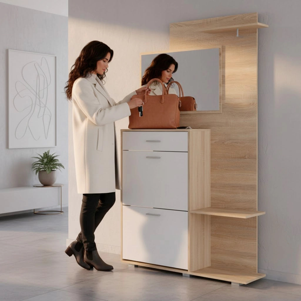 Ingresso Scarpiera Con Specchio 2 Ante A Ribalta Cassetto Appendiabiti E Mensola Mobile Salvaspazio Moderno Per Ingresso Corridoio Stile Nordico 192 X 120 X 24.5 Cm Rovere E Bianco