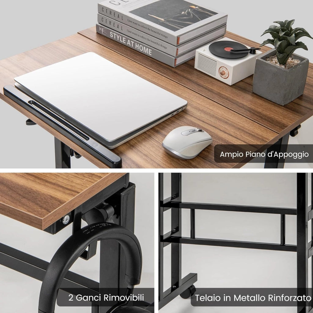 Scrivania per Computer Regolabile in Altezza, Postazione di Lavoro per Computer con Ruote e Ganci, Tavolo Porta PC per Studio e Ufficio, 60 x 60 x 72-124 cm (Marrone)