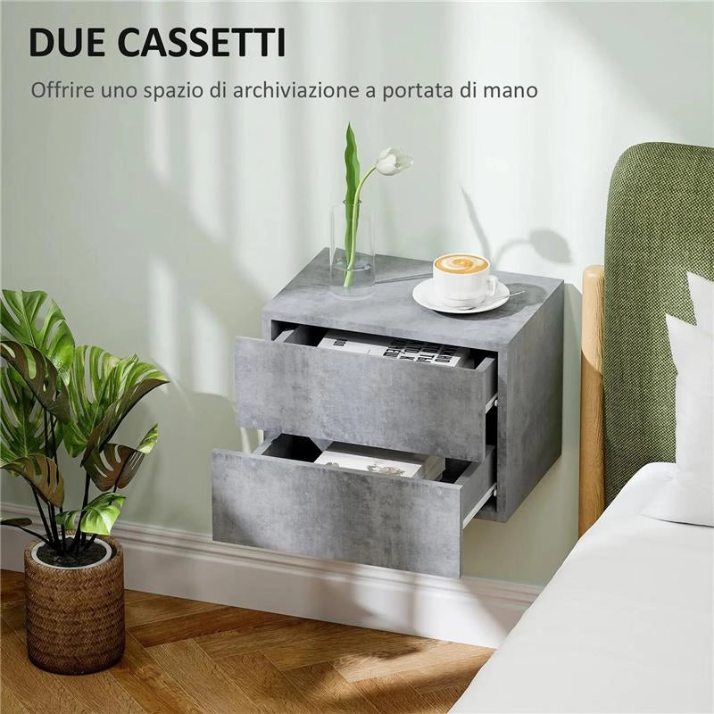 SET DI 2 COMODINI SOSPESI CON 2 CASSETTI MODERNI E SALVASPAZIO 40X29X30 CM GRIGIO CEMENTO